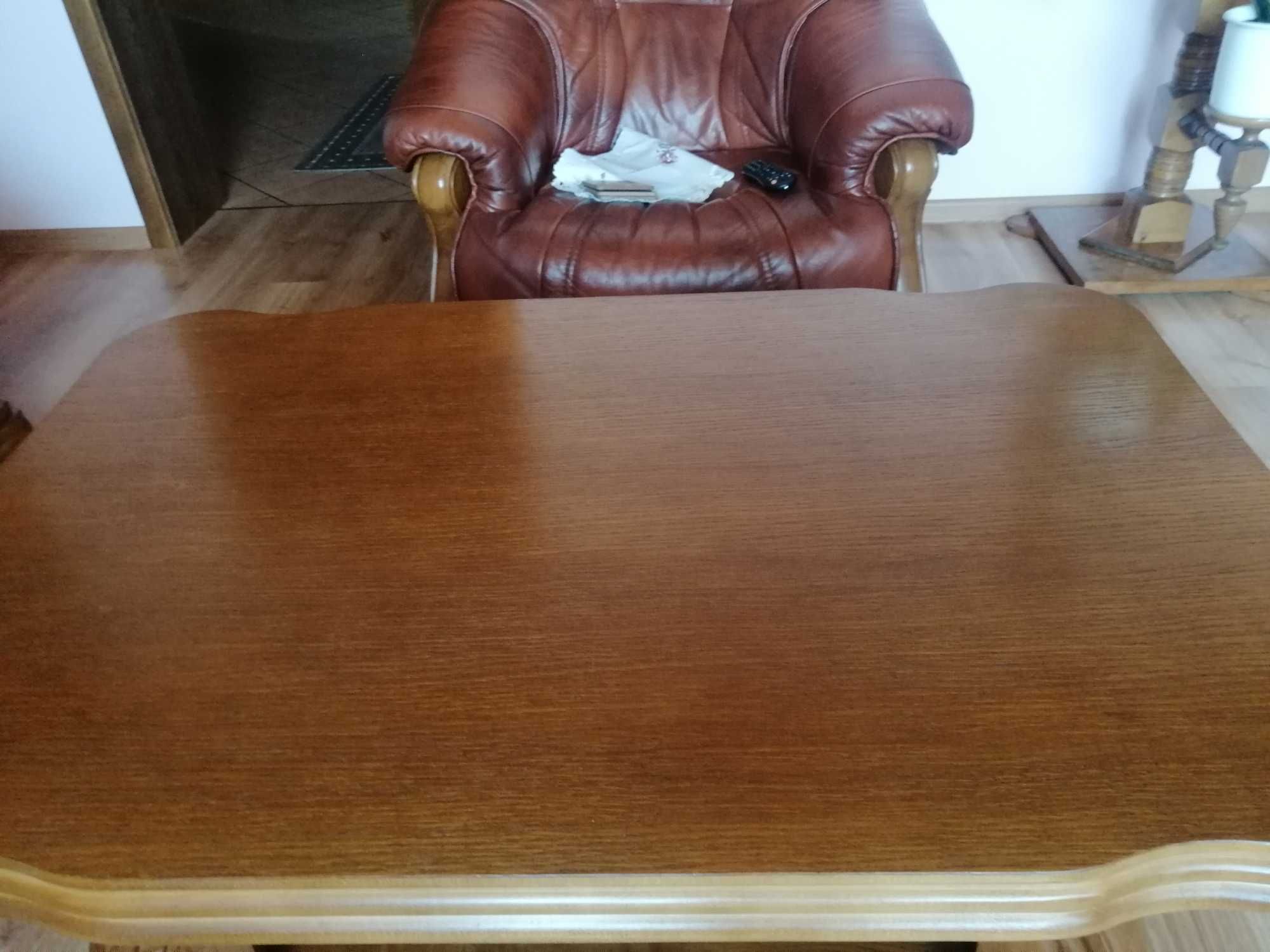 Zestaw kanapa/ sofa, 2 fotele, ława dębowe