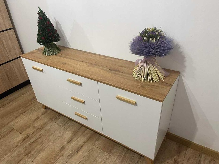 NOWA Biała Komoda RTV Pojemna Dębowa Szafka z Szufladami Do Salonu