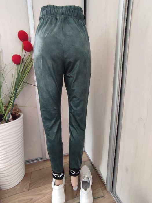 Spodnie damskie, zielone, logowany ściągacz Olavoga,imitacja skóry,