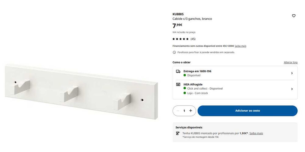 Cabides Kubbis IKEA  com 3 ganchos ( branco e cinza claro)