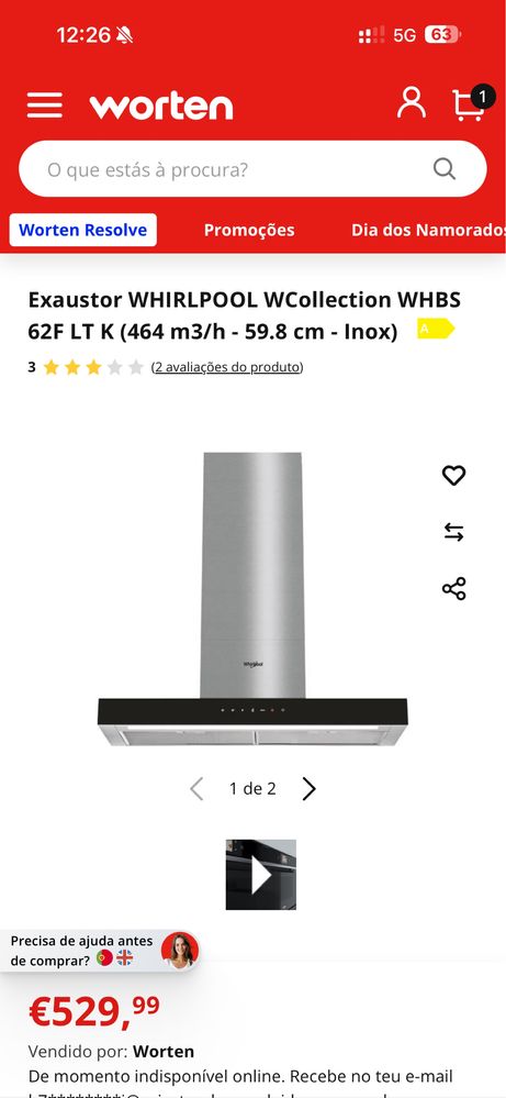 Urgente C/GARANTIA Exaustor WHIRLPOOL WCollection WHBS 62F LT K 60 cm