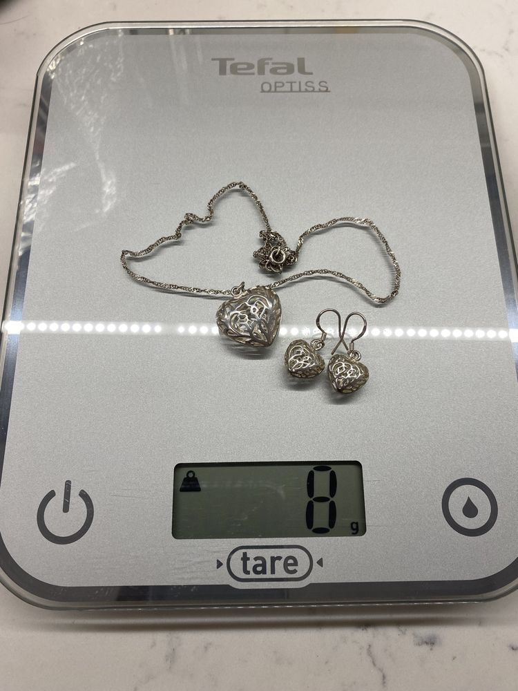 Комплект серебро 925°, цепочка+кулон+серьги в виде ажурных сердец
