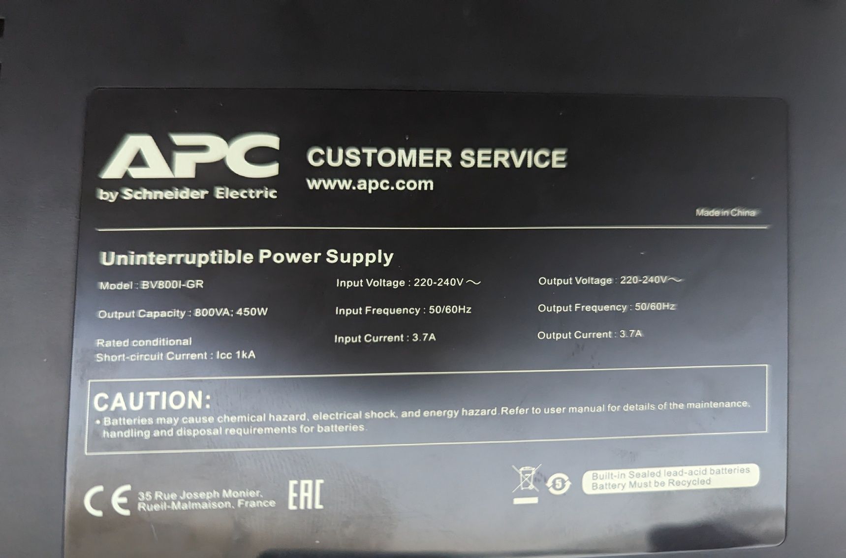 ДБЖ ИБП APC Back-UPS BV 800VA, Schuko (BV800I-GR)