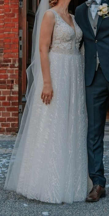 Suknia ślubna,błyszcząca,śmietankowa,krój A,170+9cm, Samirella, brokat