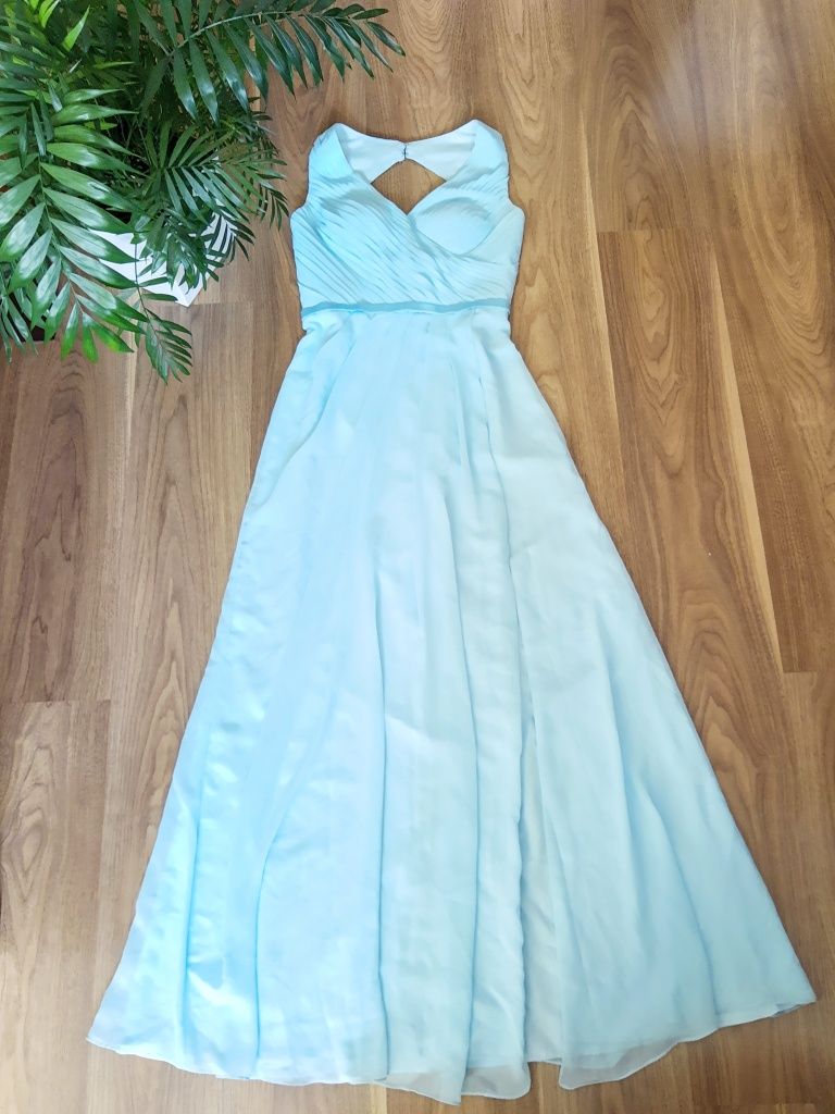 Długa maxi sukienka błękitna rozkloszowana niebieska wesele studniówka