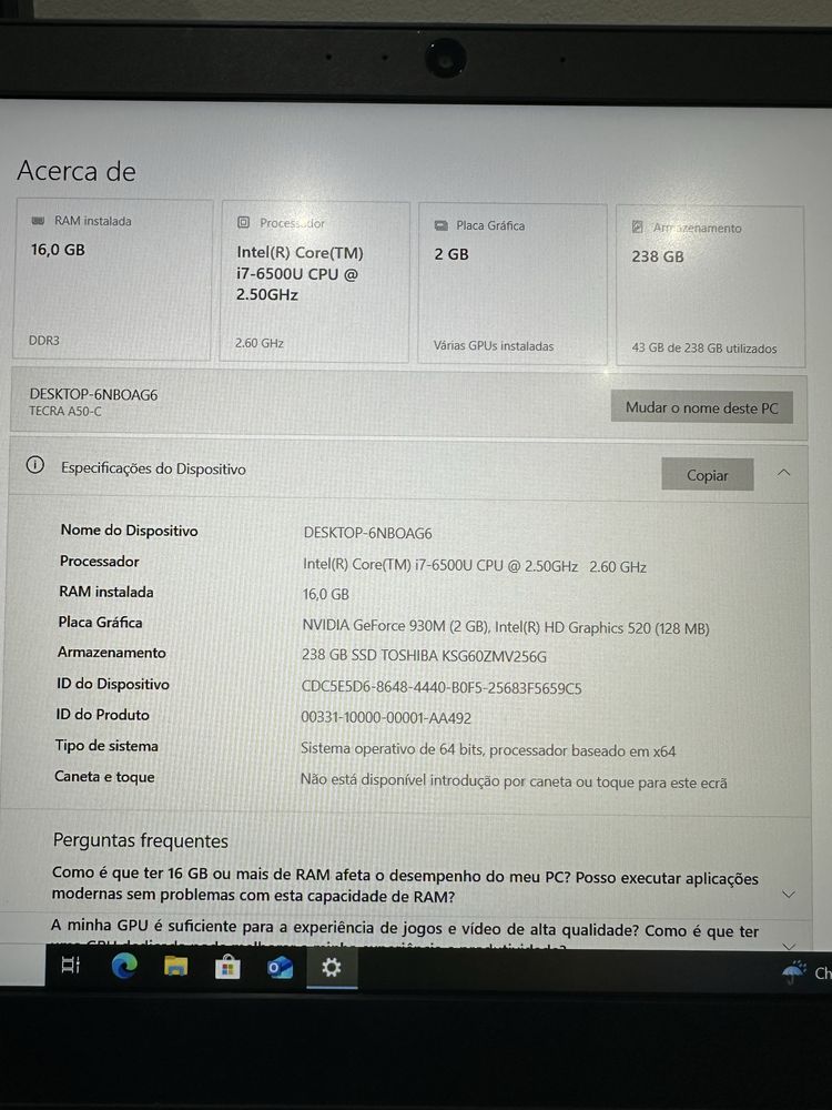 Portatil TOSHIBA A50   i7