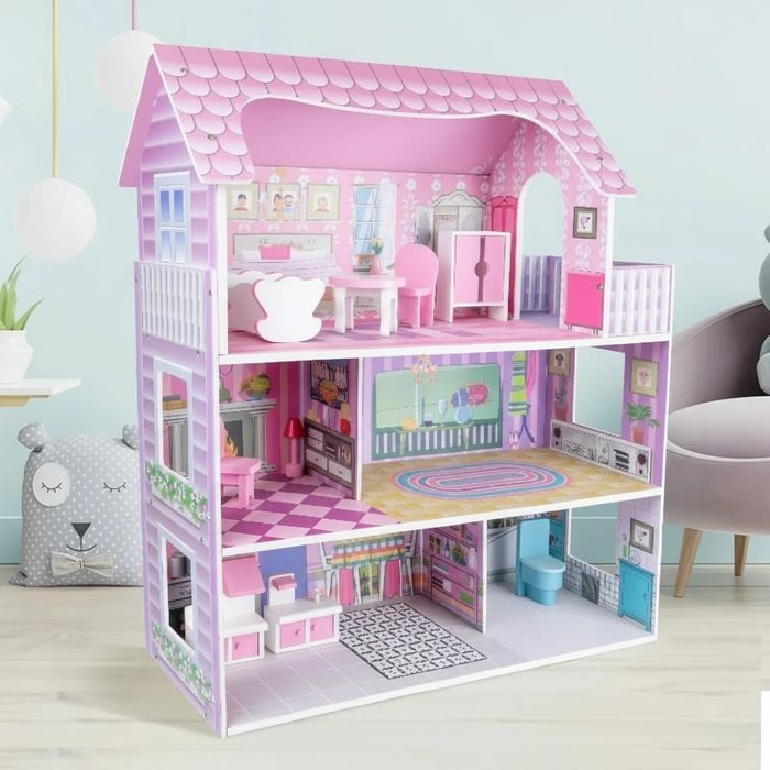 Великий дерев’яний ляльковий будиночок MD 2668 3 поверхи рожевий