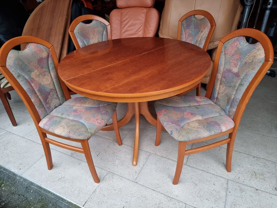 Jadalnia stół krzesła okrągły dostawka zestaw drewniana