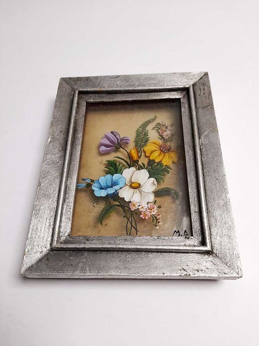 Quadro Antigo Pintura Flores em Vidro sobreposto Vintage pintado à mão