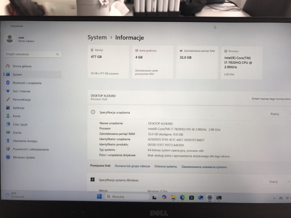 Bateria 7h!Dell Precision 5520 i7-7820HQ, 32GB,512SSD,nVidia M1200,W11