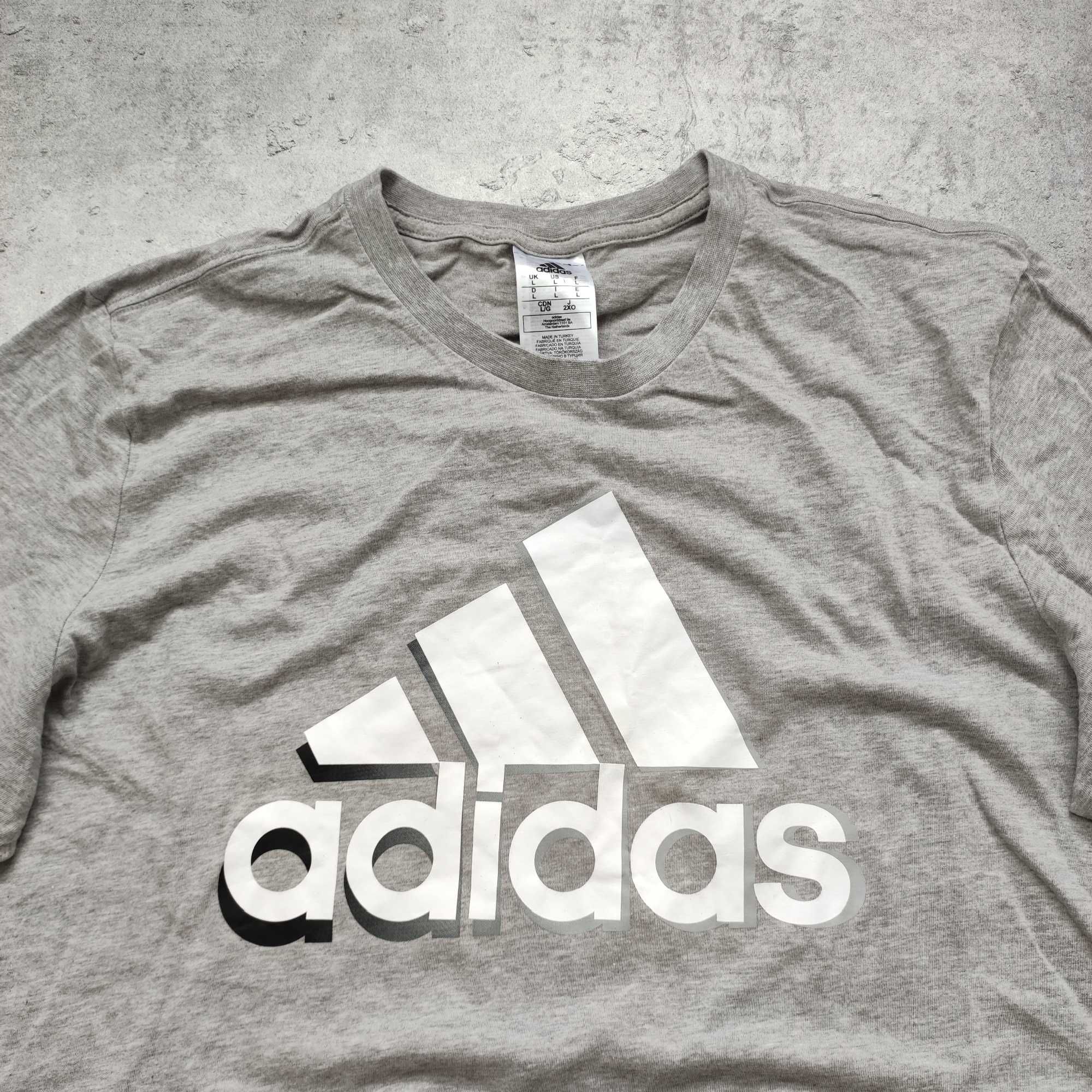 MĘSKA Koszulka Bawełna PREMIUM Adidas Duże Logo Szara Sport Casualowa