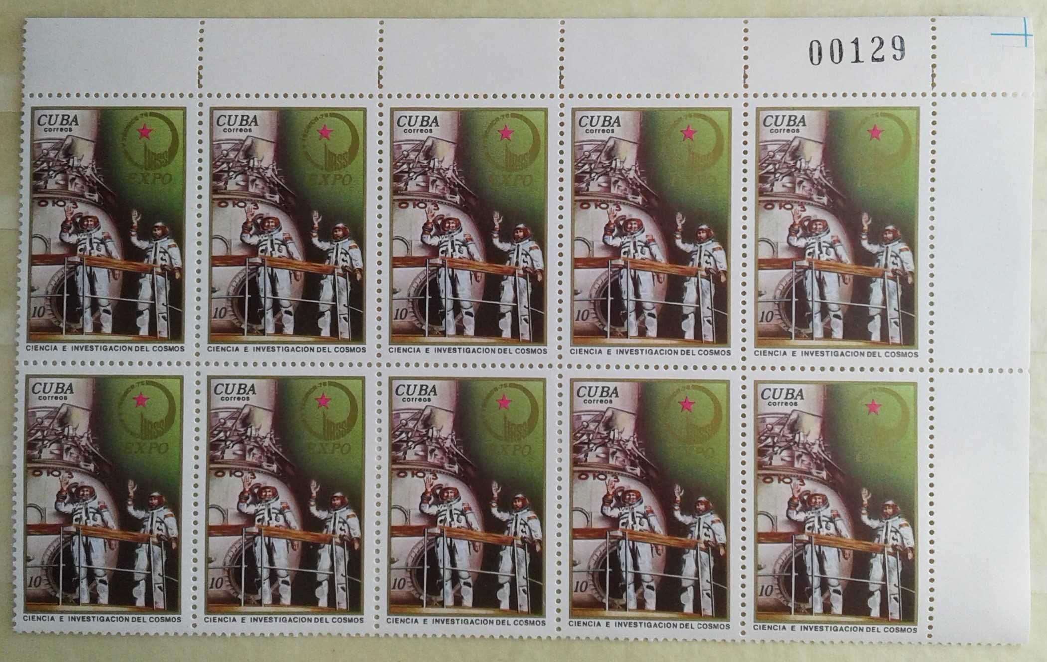 Raríssimo-Bloco 10 selos CUBA-Novos-1976 CIÊNCIA INVESTIGACION COSMOS.