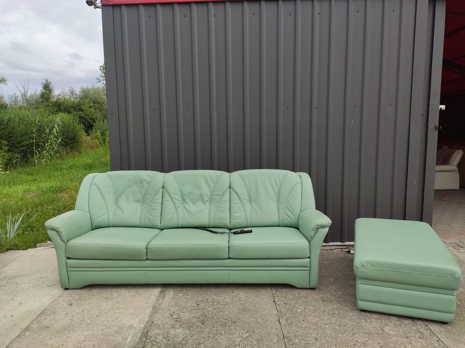 Sofa skórzana 3-osobowa ze sterowanym siedziskiem+duża pufa- skóra!