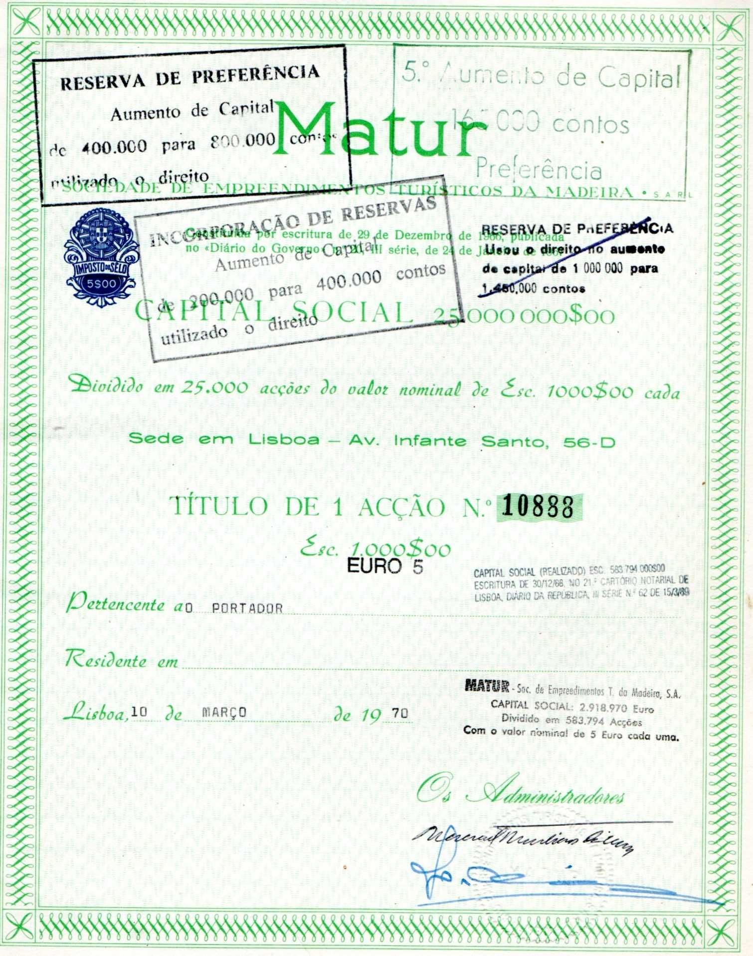 Acções - MATUR - Sociedade de Empreendimentos Turísticos da Madeira