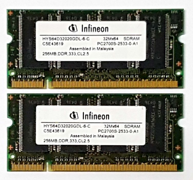 2x Memória RAM 256MB DDR 333Mhz CL2.5 PC2700 SODIMM p/ portátil