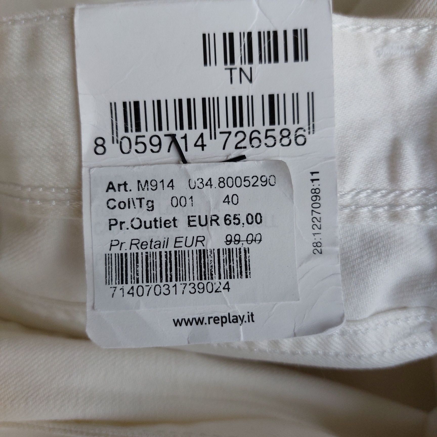 Spodnie jeansowe Replay Anbass, slim fit M914, Biały, roz. 40