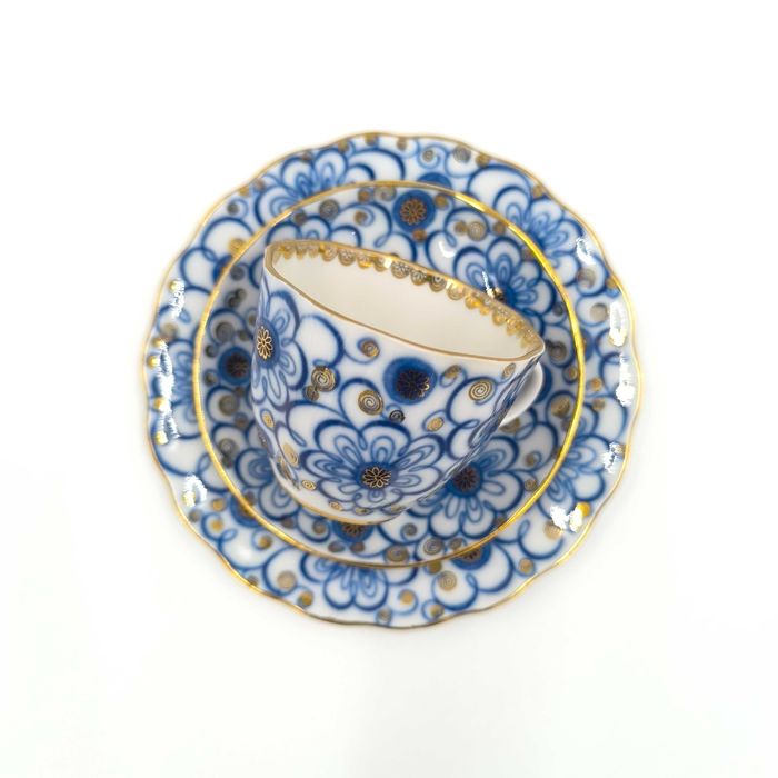 Łomonosow Trio Filiżanka Podstawek Spodek Talerzyk Porcelana Kobalt