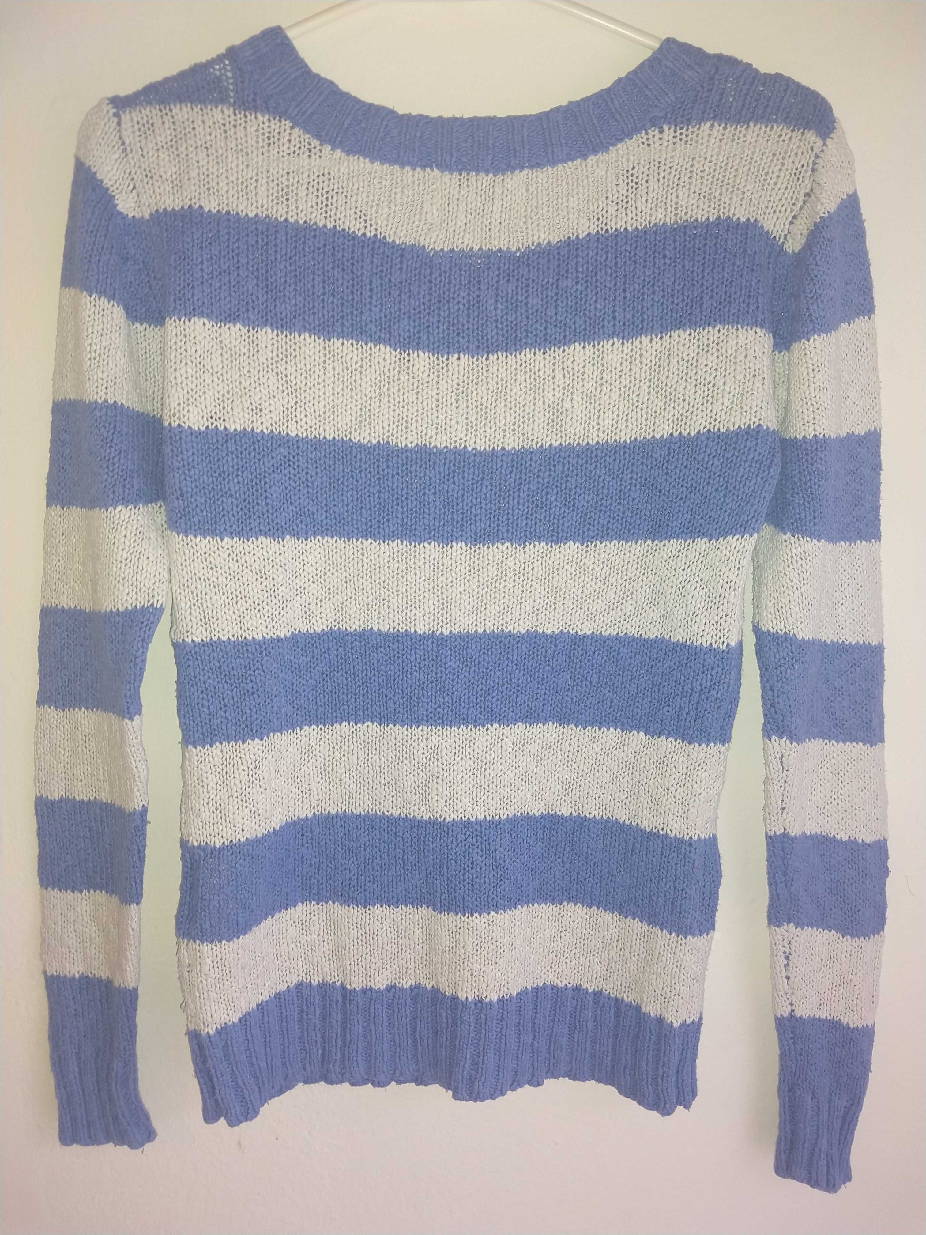 Sweter niebiesko biały w paski, dekolt w łódeczkę - wymiary w opisie