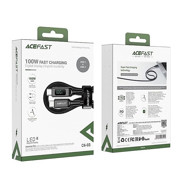 Kabel Acefast C6-03 Black Usb-c - Usb-c Pd Qc 100w 5a 480Mb/s 2m - cza