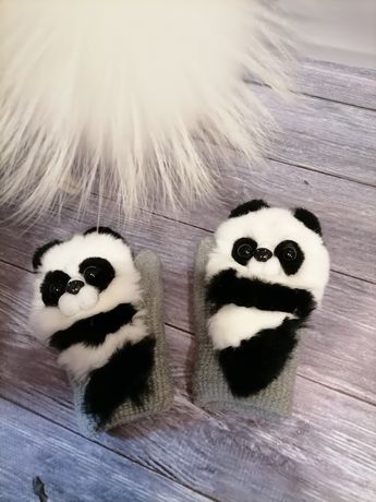 Варежки Панда, натуральный мех