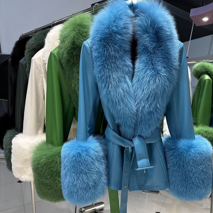 Skórzany płaszcz z futrem naturalnym lis jenot kolory rozmiary