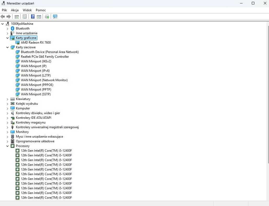 Komputer gamingowy i5 12gen rx7600 16gb ram 1TB SSD WiFi Bluetooth