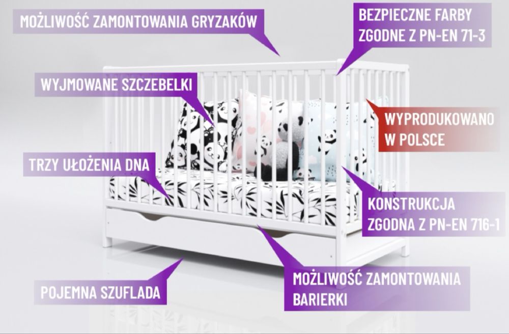 Łóżeczko dla dziecka “Dominik” białe 120/60 z szufladą