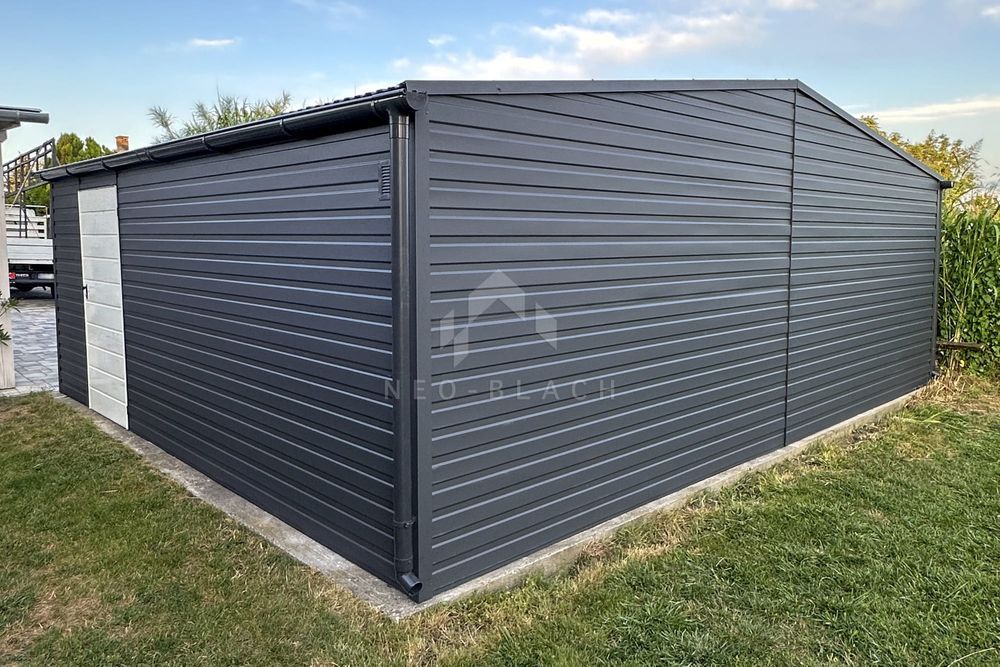 Garaż Blaszany 7,5X6M 2X Brama Drzwi Biały Rynny Dwuspadowy Nb139