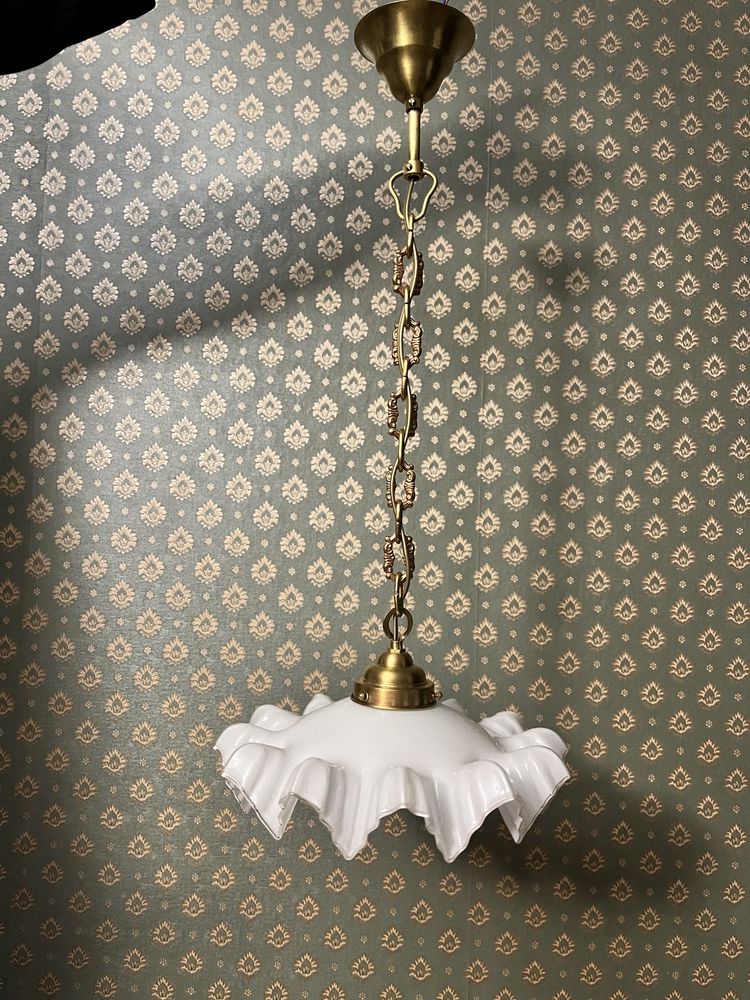 Stara lampa wisząca kuchenna art deco biała zwis mosiężna antyk