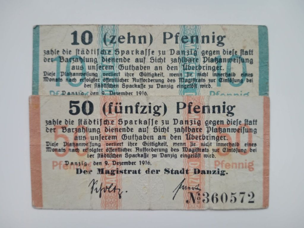Banknoty Gdańsk - 2 szt. 10 i 50 pfennigów z 1916 r.