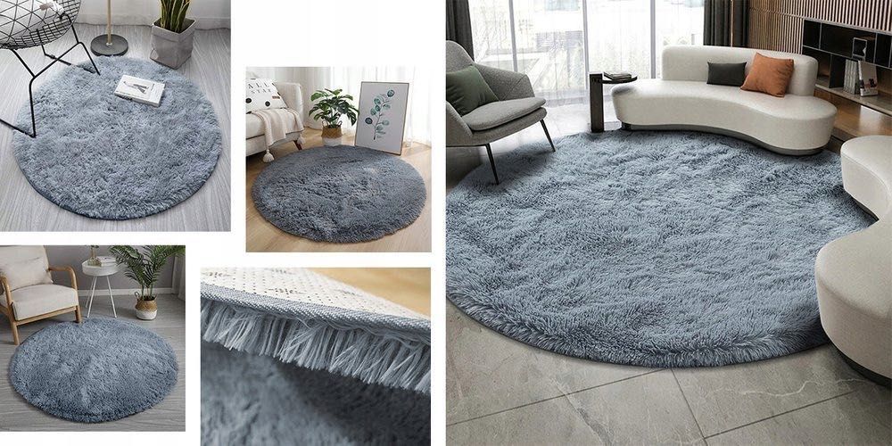 NOWY Pluszowy Dywan Shaggy Okrągły SilverFur Gruby Puszysty 120x120 cm
