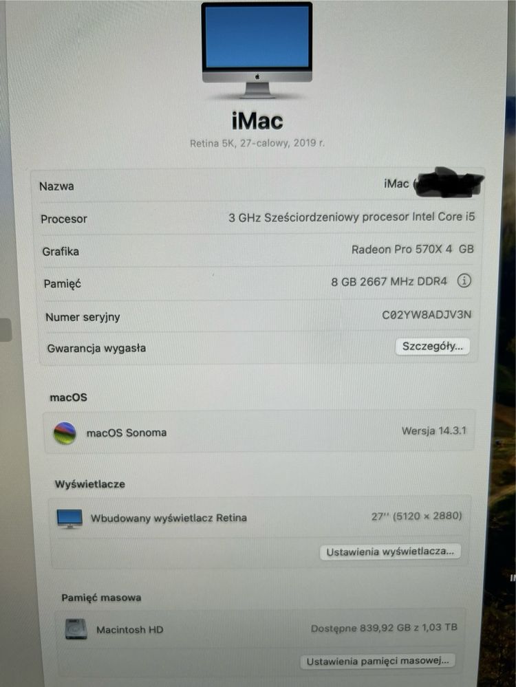 iMac 27 2019 Retina 5k, 3GHz i5, 24GB RAM, 1TB FD, Radeon Pro 570X 4GB