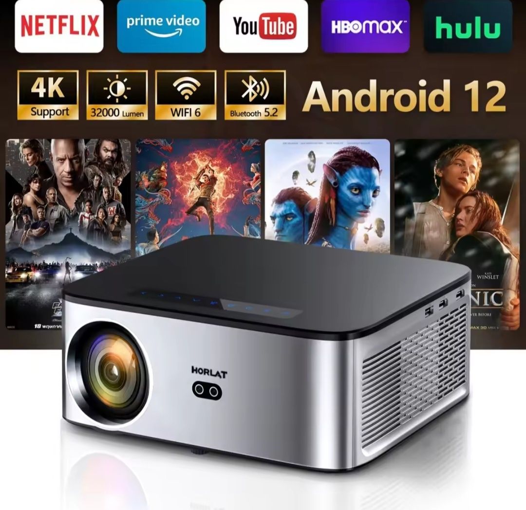 Проектор Horlat 2025 2/64 1600 ansi 32000 lum AutoFocus Android 12  3D