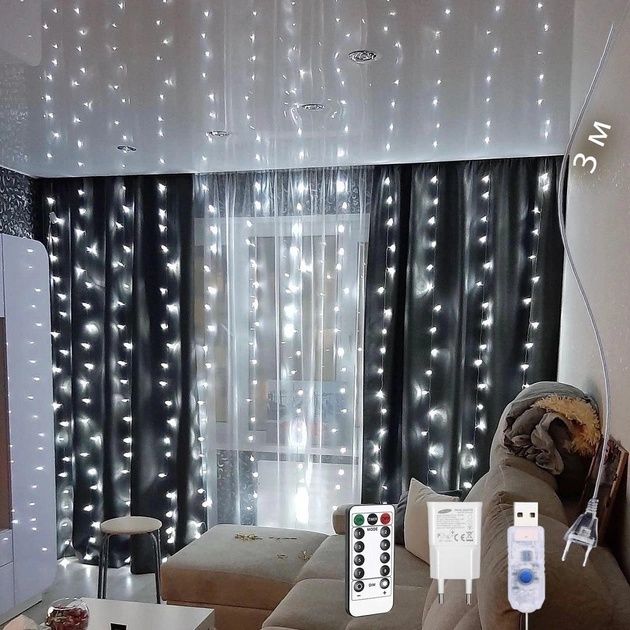 Гирлянда штора 3х3 м на USB. Гірлянда мульті,  синя, тепло жовта