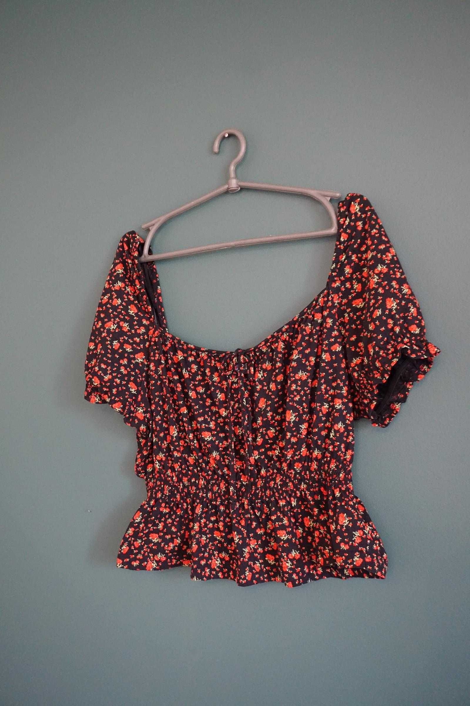 Crop top t-shirt hiszpanka Primark L 40 kwiaty kwiatki czarna czerwona