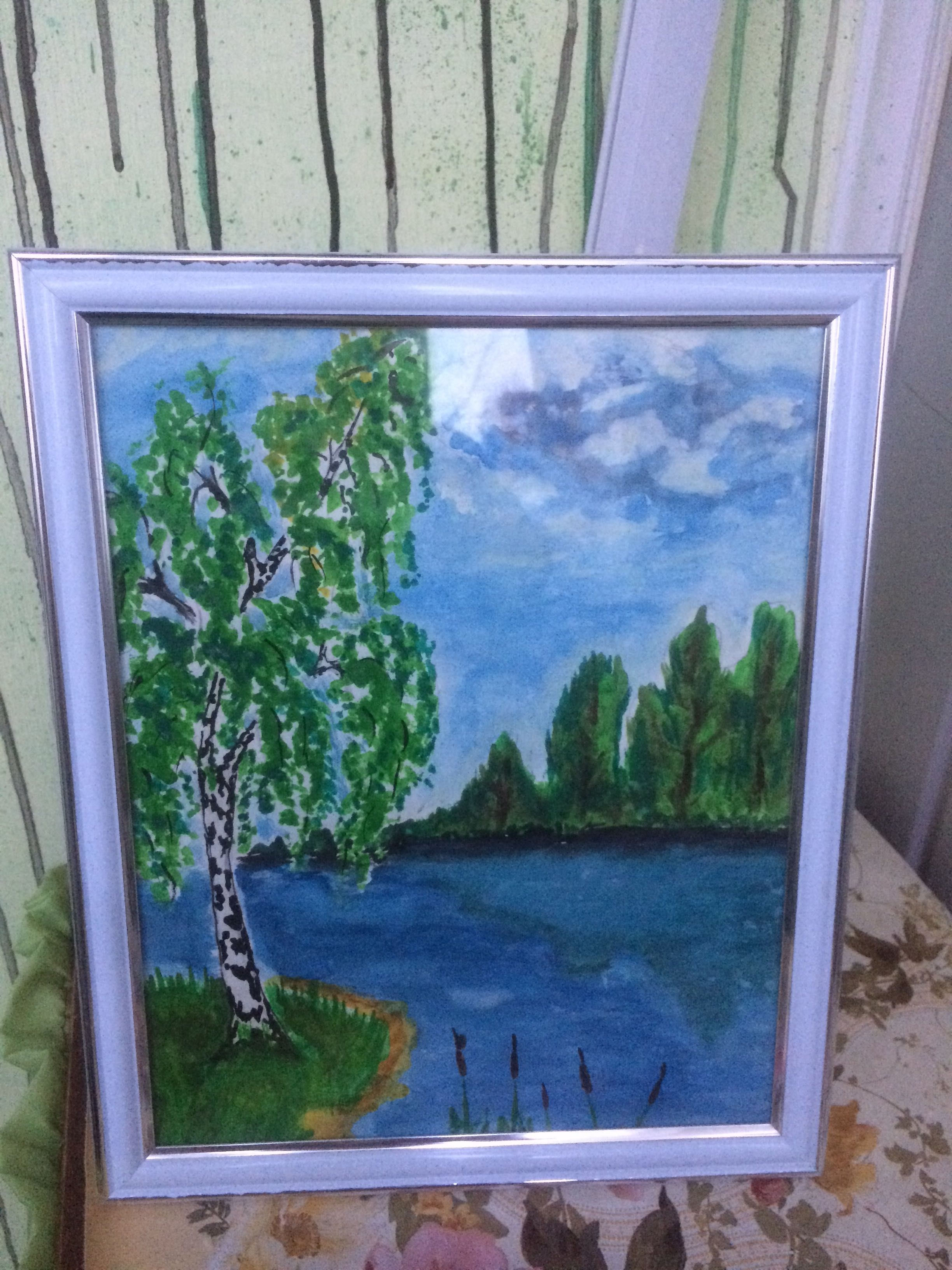 Картина ,Берізка над водою ‚‘ написана  акварелями