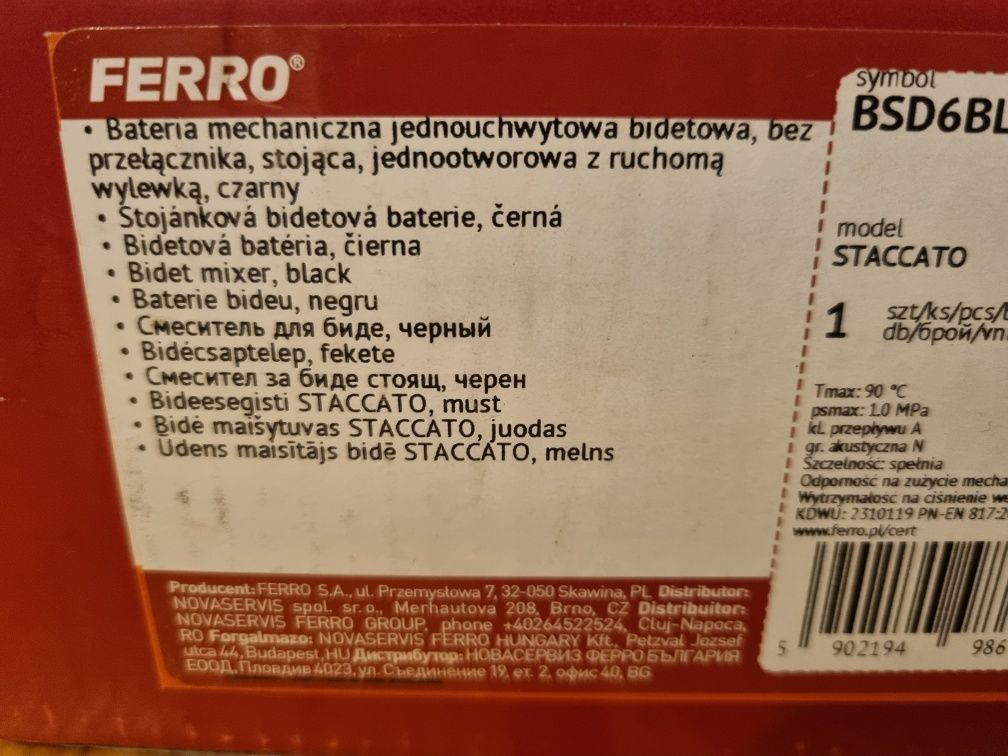 Bateria bidetowa Ferro Staccato czarna nowa