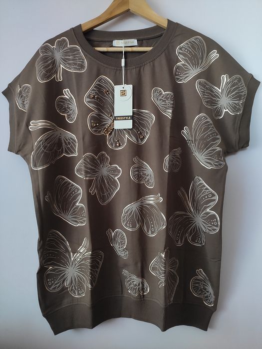 Nowa bluzka krótki rękaw czekolada ze wzorem motylki oversize