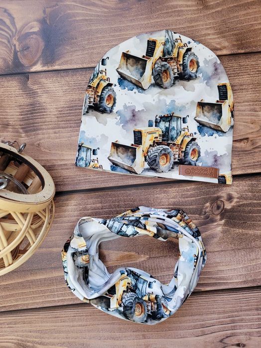 Czapka komin / chusta komplet wiosenny koparki HANDMADE