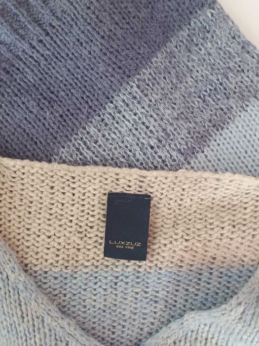 Niebieski sweter w paski dzianinowy wełna moher Luxzuz M oversize