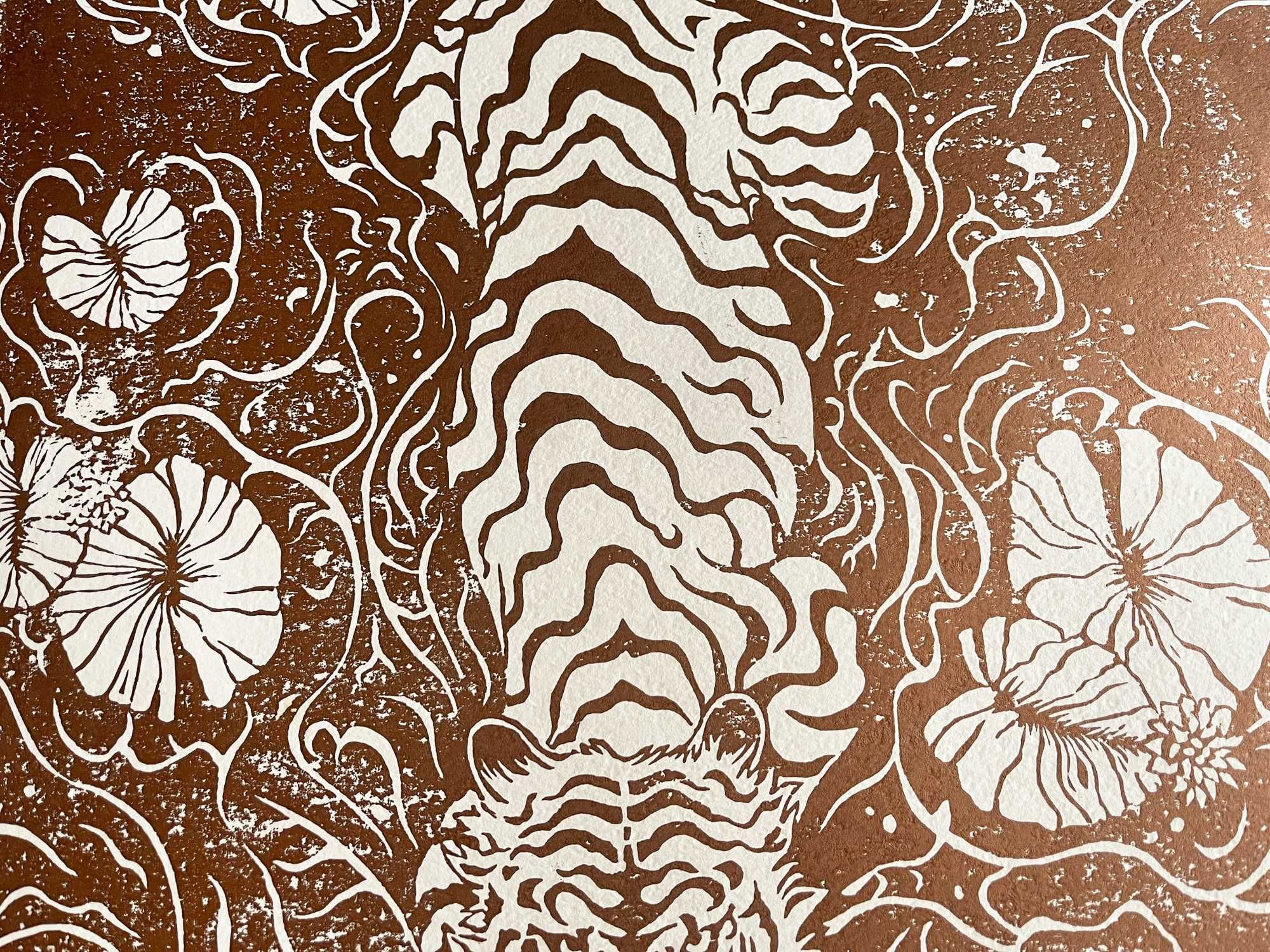 Sztuka Linoryt "Tygrys" ręczny druk miedź na papierze