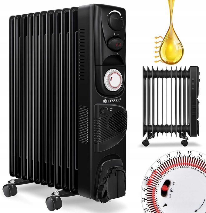 Grzejnik olejowy żeberkowy KESSER 2500W, termostat, timer, czarny