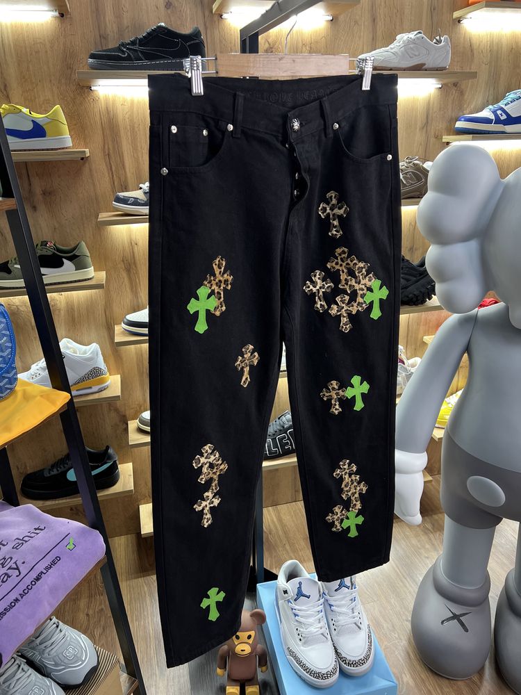 Джинси CHROME HEARTS Chest Black Logo Green / Leopard