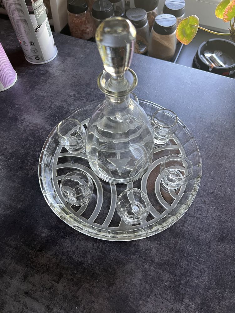 Vintage orl Karafka i 6 kieliszkow huta hortensja plus taca