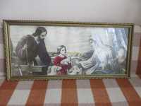 Duży stary obraz Świętej Rodziny w drewnianej ramie