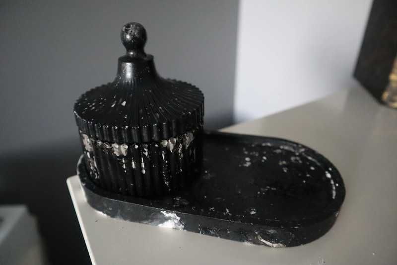 Frasco/ Pote cerâmico preto efeito mármore/ granito