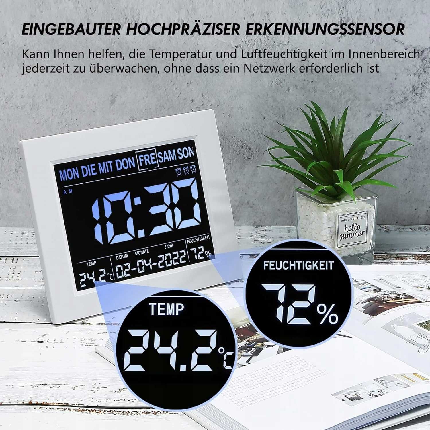 Cyfrowy Zegar Z Kalendarzem 8" LCD Duży Ekran Temperatura Wilgotność