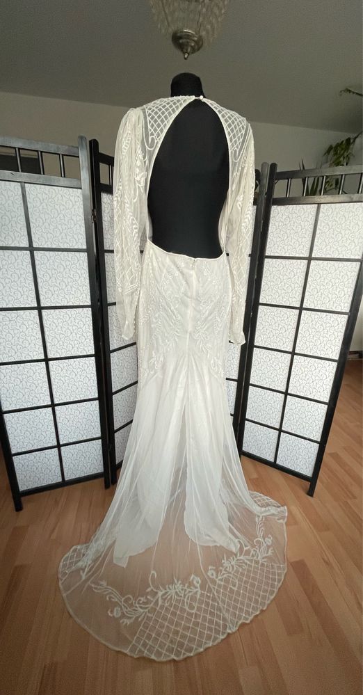 Bridal sukienka koronkowa maxi tren 42 xl asos ażurowa haft