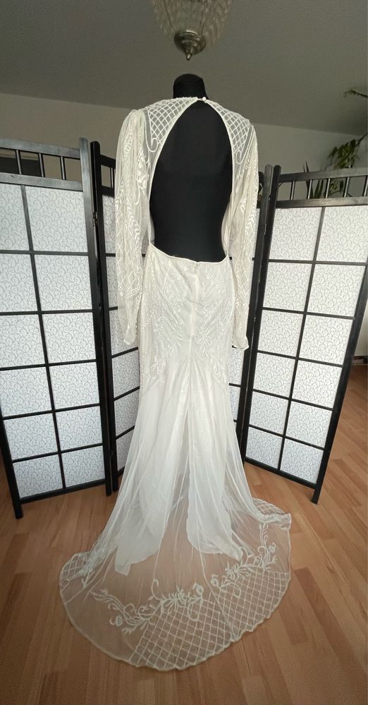 sukienka koronkowa maxi tren 42 xl asos luxe ażurowa haft cekinowa
