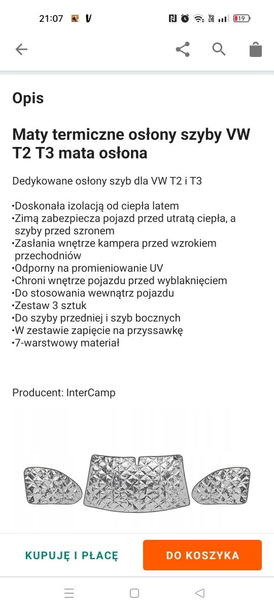 Maty termiczne osłony szyby VW T2 ,T3  caravaning